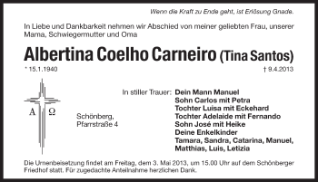 Traueranzeige von Albertina Coelho Carneiro von Pegnitz-Zeitung